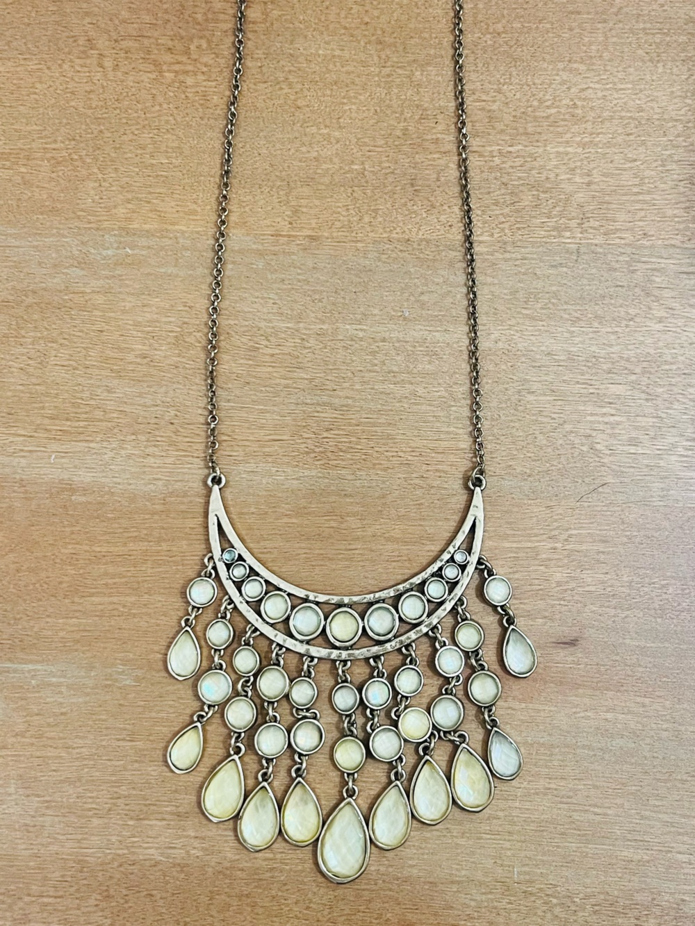 Boho Crescent Statement Necklace in Gold with Pale Iridescent Yellow Stones